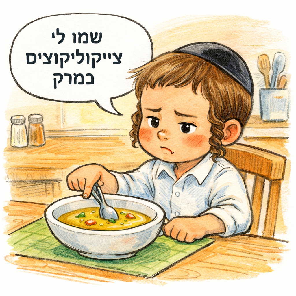 הילד של יוסי מצביע על גושים קטנים במרק ומתלונן על “ציקוליקוצים” במרק